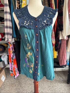 Free People Crochet Top Boho Tunic Teal Button Front Festival Y2K Size L